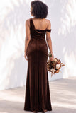 Burgundy One Shoulder Velvet Mermaid Ruched Long Bridesmaid Dress