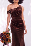 Burgundy One Shoulder Velvet Mermaid Ruched Long Bridesmaid Dress