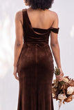 Burgundy One Shoulder Velvet Mermaid Ruched Long Bridesmaid Dress