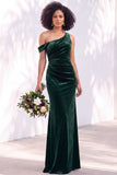 Burgundy One Shoulder Velvet Mermaid Ruched Long Bridesmaid Dress
