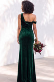 Burgundy One Shoulder Velvet Mermaid Ruched Long Bridesmaid Dress