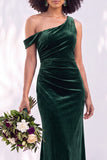 Burgundy One Shoulder Velvet Mermaid Ruched Long Bridesmaid Dress