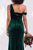 Burgundy One Shoulder Velvet Mermaid Ruched Long Bridesmaid Dress