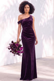 Burgundy One Shoulder Velvet Mermaid Ruched Long Bridesmaid Dress