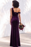 Burgundy One Shoulder Velvet Mermaid Ruched Long Bridesmaid Dress