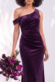 Burgundy One Shoulder Velvet Mermaid Ruched Long Bridesmaid Dress