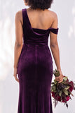 Burgundy One Shoulder Velvet Mermaid Ruched Long Bridesmaid Dress