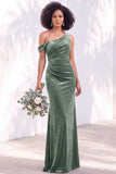 Burgundy One Shoulder Velvet Mermaid Ruched Long Bridesmaid Dress