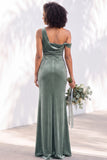 Burgundy One Shoulder Velvet Mermaid Ruched Long Bridesmaid Dress