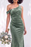 Burgundy One Shoulder Velvet Mermaid Ruched Long Bridesmaid Dress