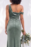 Burgundy One Shoulder Velvet Mermaid Ruched Long Bridesmaid Dress