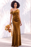 Burgundy One Shoulder Velvet Mermaid Ruched Long Bridesmaid Dress