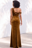 Burgundy One Shoulder Velvet Mermaid Ruched Long Bridesmaid Dress