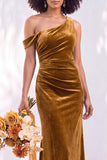 Burgundy One Shoulder Velvet Mermaid Ruched Long Bridesmaid Dress