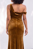 Burgundy One Shoulder Velvet Mermaid Ruched Long Bridesmaid Dress