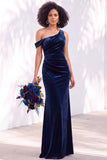 Burgundy One Shoulder Velvet Mermaid Ruched Long Bridesmaid Dress