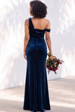 Burgundy One Shoulder Velvet Mermaid Ruched Long Bridesmaid Dress