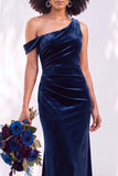 Burgundy One Shoulder Velvet Mermaid Ruched Long Bridesmaid Dress