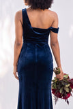Burgundy One Shoulder Velvet Mermaid Ruched Long Bridesmaid Dress