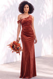 Burgundy One Shoulder Velvet Mermaid Ruched Long Bridesmaid Dress