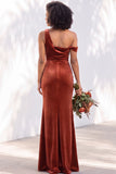 Burgundy One Shoulder Velvet Mermaid Ruched Long Bridesmaid Dress