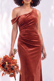 Burgundy One Shoulder Velvet Mermaid Ruched Long Bridesmaid Dress