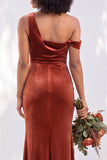 Burgundy One Shoulder Velvet Mermaid Ruched Long Bridesmaid Dress