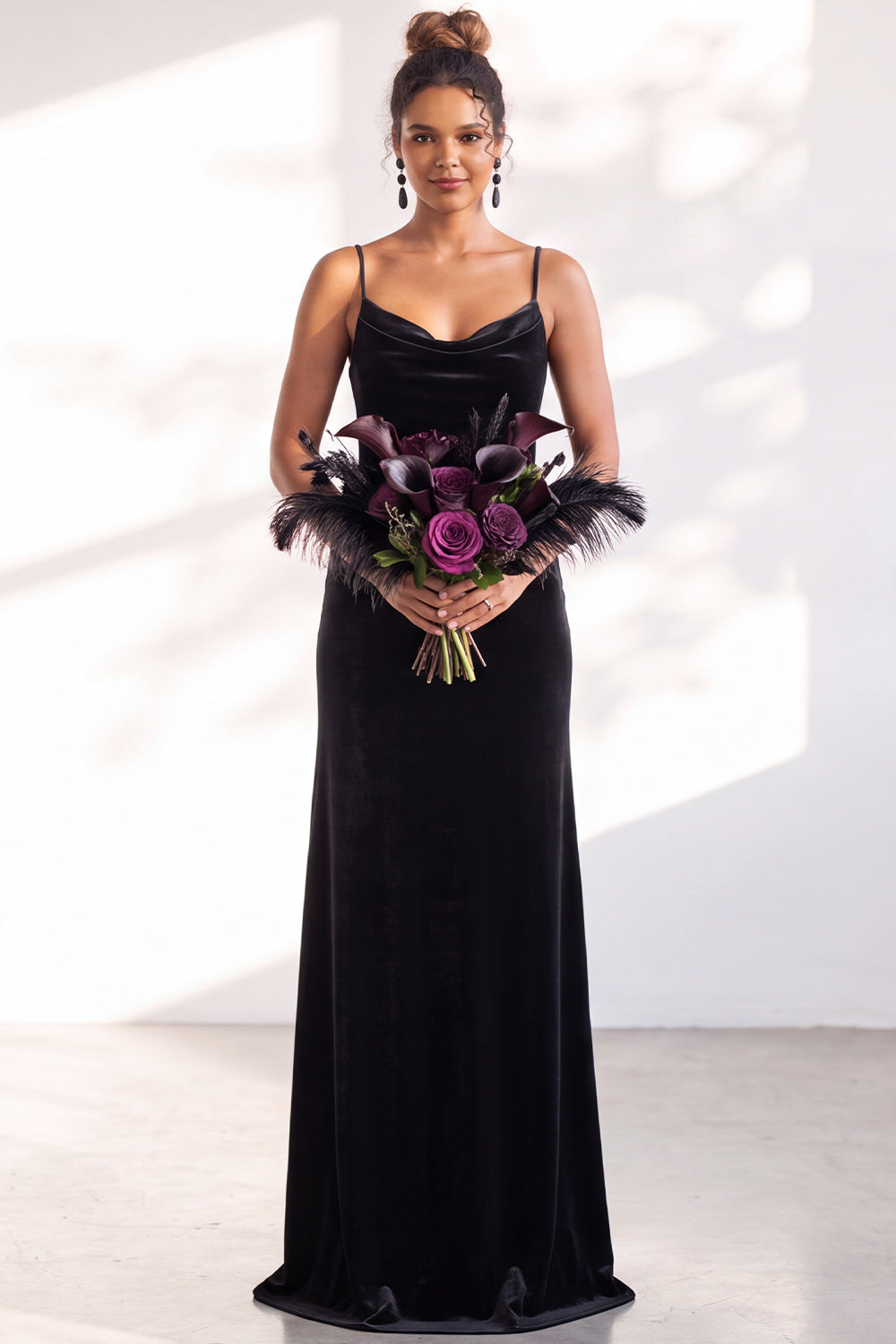 ZAPAKA Women Black Velvet Cowl Neck Bridesmaid Dress Sheath Long Spaghetti Straps Wedding Guest Dress