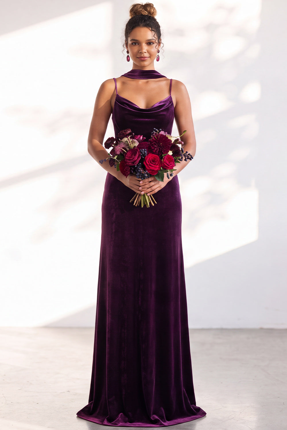 Black Velvet Cowl Neck Sheath Long Bridesmaid Dress