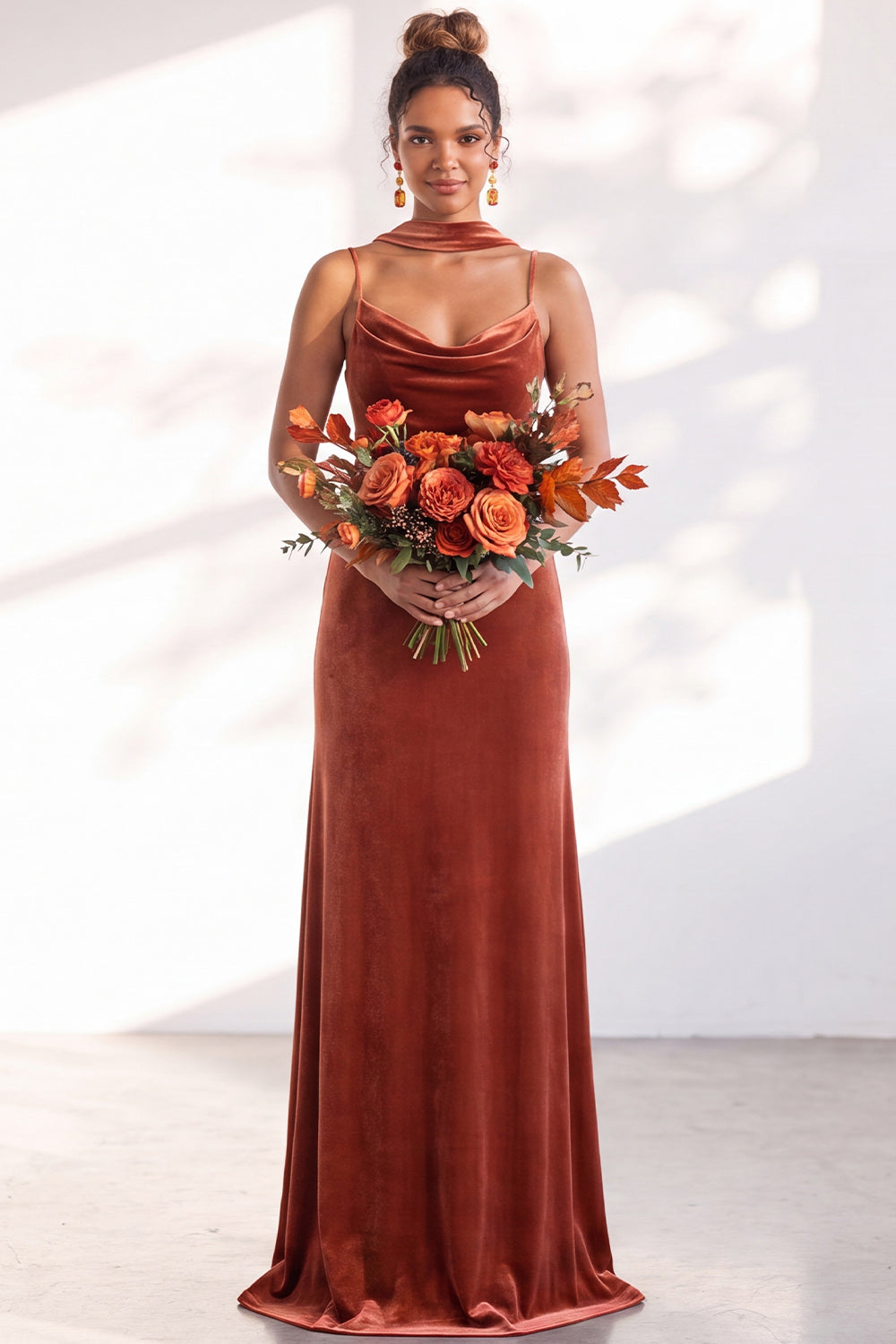 ZAPAKA Women Black Velvet Cowl Neck Bridesmaid Dress Sheath Long Spaghetti Straps Wedding Guest Dress