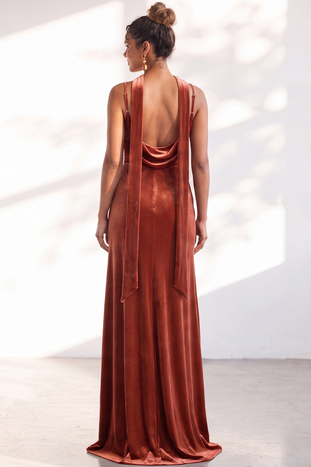 Black Velvet Cowl Neck Sheath Long Bridesmaid Dress