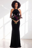 Black Halter Neck Velvet Mermaid Ruched Backless Long Bridesmaid Dress