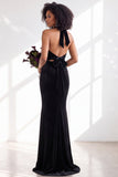Black Halter Neck Velvet Mermaid Ruched Backless Long Bridesmaid Dress