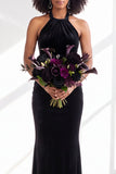 Black Halter Neck Velvet Mermaid Ruched Backless Long Bridesmaid Dress