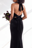Black Halter Neck Velvet Mermaid Ruched Backless Long Bridesmaid Dress