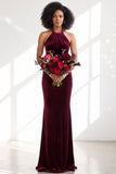 Black Halter Neck Velvet Mermaid Ruched Backless Long Bridesmaid Dress