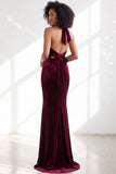 Black Halter Neck Velvet Mermaid Ruched Backless Long Bridesmaid Dress
