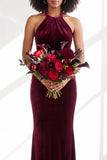 Black Halter Neck Velvet Mermaid Ruched Backless Long Bridesmaid Dress