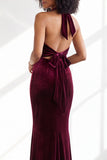 Black Halter Neck Velvet Mermaid Ruched Backless Long Bridesmaid Dress