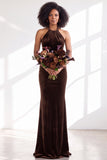 Black Halter Neck Velvet Mermaid Ruched Backless Long Bridesmaid Dress