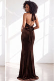 Black Halter Neck Velvet Mermaid Ruched Backless Long Bridesmaid Dress