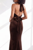 Black Halter Neck Velvet Mermaid Ruched Backless Long Bridesmaid Dress