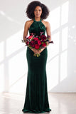 Black Halter Neck Velvet Mermaid Ruched Backless Long Bridesmaid Dress