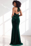 Black Halter Neck Velvet Mermaid Ruched Backless Long Bridesmaid Dress