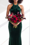 Black Halter Neck Velvet Mermaid Ruched Backless Long Bridesmaid Dress