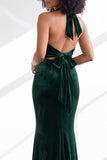 Black Halter Neck Velvet Mermaid Ruched Backless Long Bridesmaid Dress