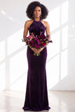 Black Halter Neck Velvet Mermaid Ruched Backless Long Bridesmaid Dress