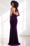 Black Halter Neck Velvet Mermaid Ruched Backless Long Bridesmaid Dress
