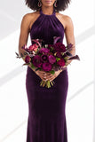 Black Halter Neck Velvet Mermaid Ruched Backless Long Bridesmaid Dress