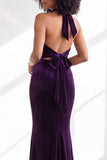 Black Halter Neck Velvet Mermaid Ruched Backless Long Bridesmaid Dress